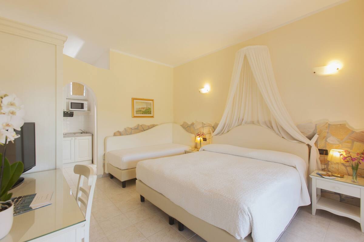 A hotel room with a large bed, a bedside table with a lamp, a small desk with a computer, and a TV.