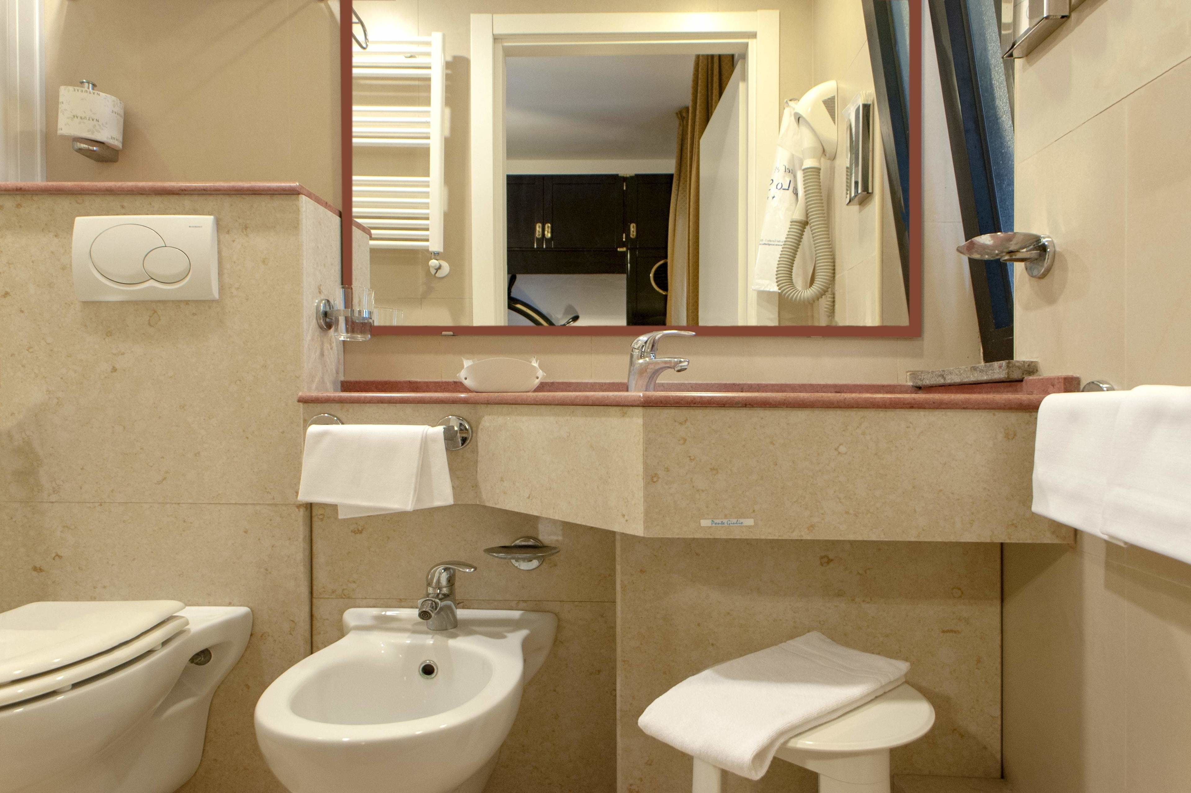 A bathroom with a toilet, bidet, sink, and a mirror.