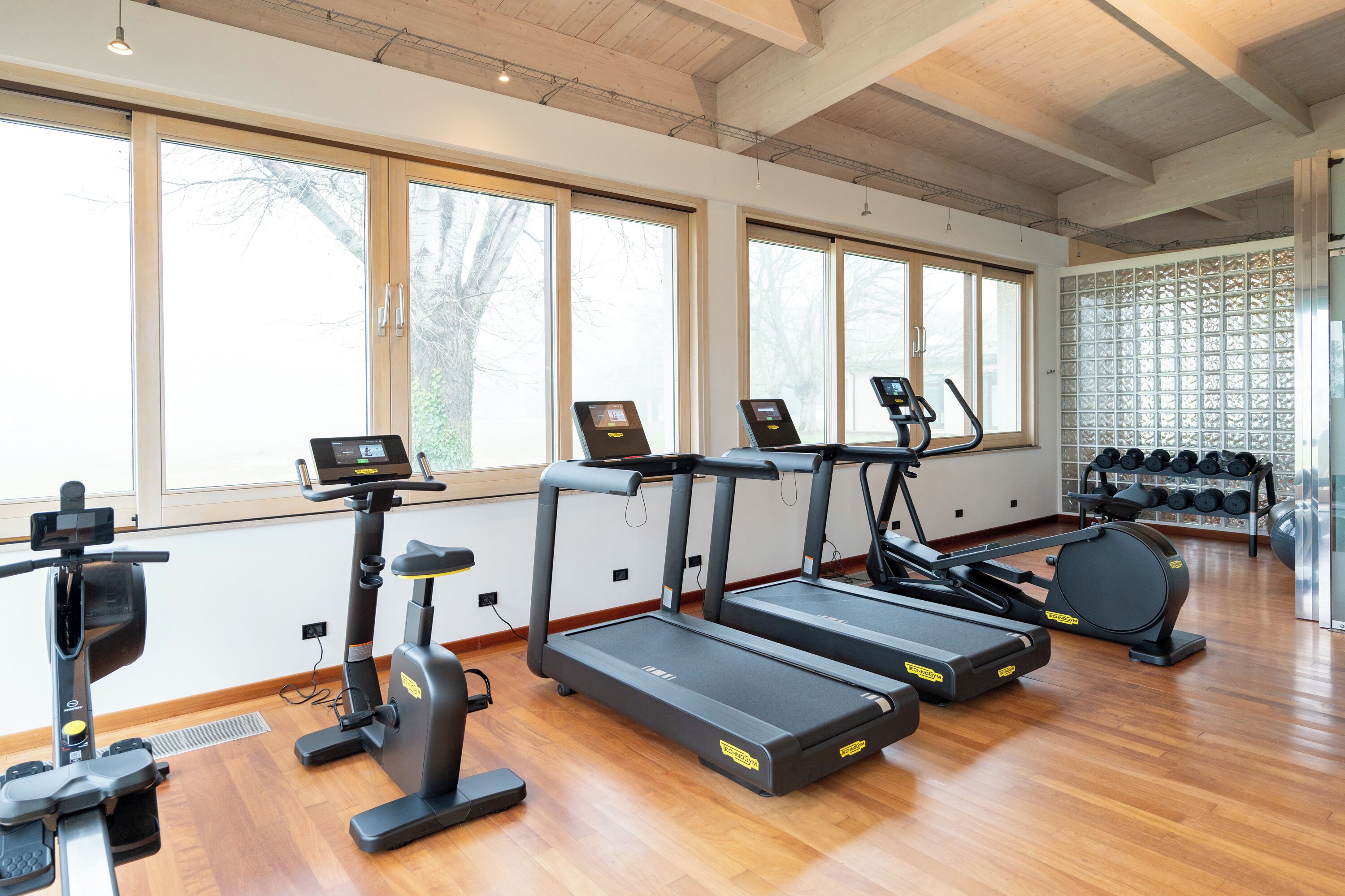 Un gimnasio con cintas de correr, elípticas y un soporte para pesas.