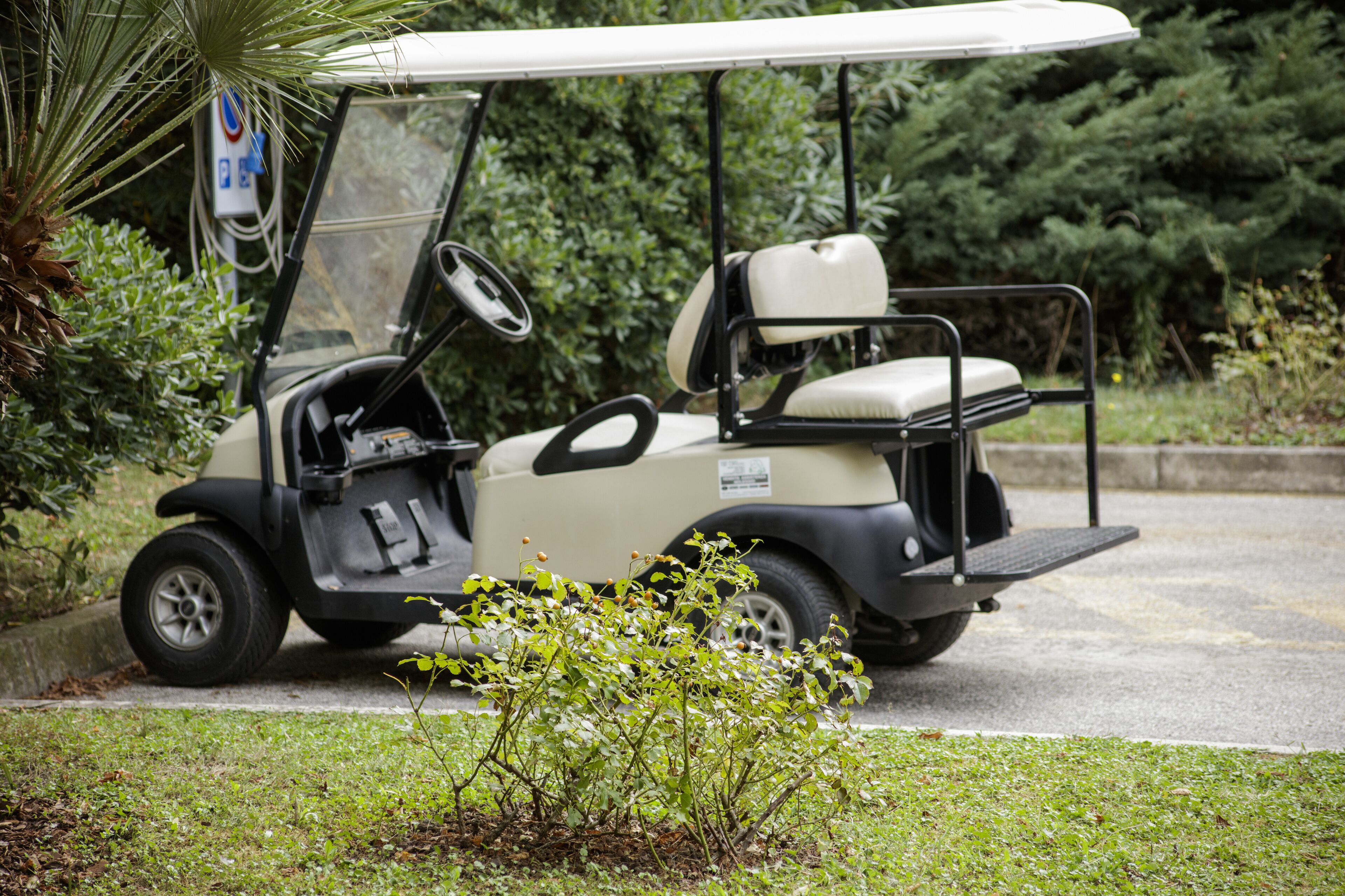 Een golfkarretje geparkeerd op een verhard gebied, met begroeiing op de achtergrond.