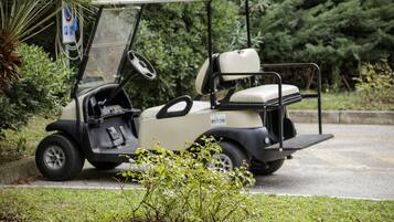Een golfkarretje geparkeerd op een verhard gebied, met begroeiing op de achtergrond.