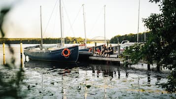 A dock with boats, a bridge in the background, and a calm water surface with lily pads.