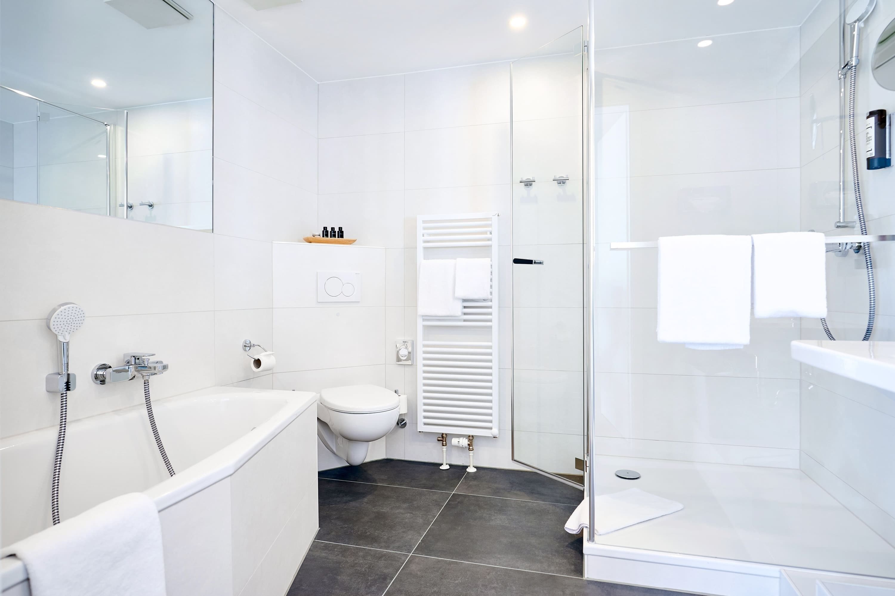 A modern bathroom with a bathtub, toilet, and shower area.