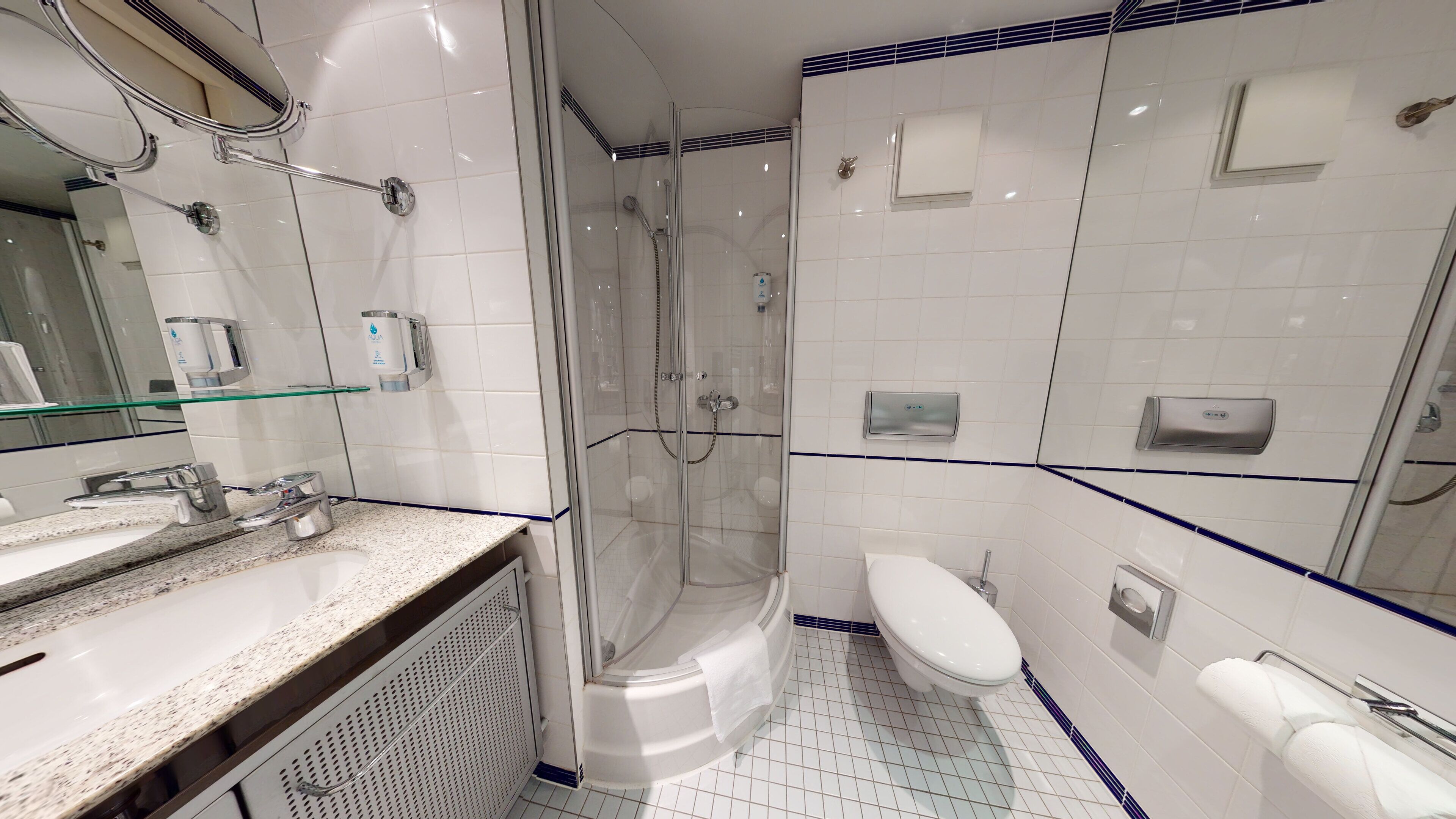 A modern bathroom with a glass-enclosed shower, a white toilet, and a sink with a granite countertop.