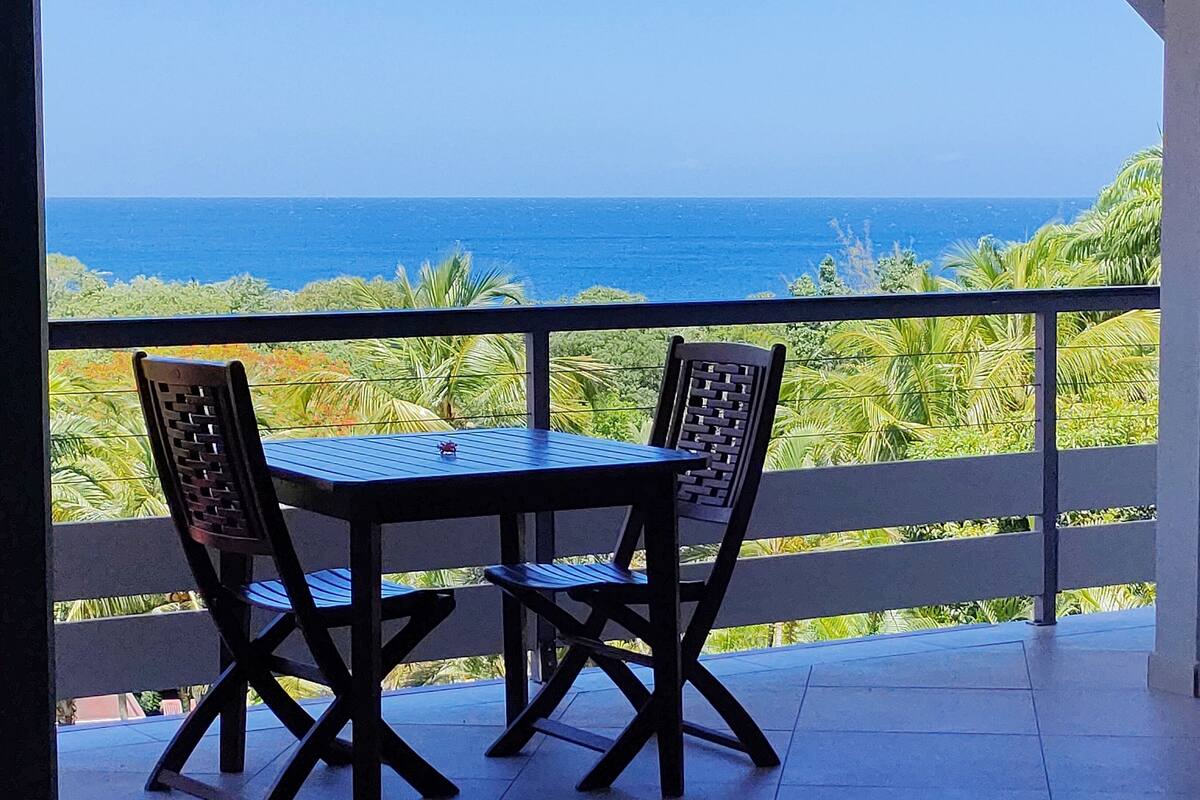A balcony with two chairs and a table, overlooking a view of the ocean and lush greenery.