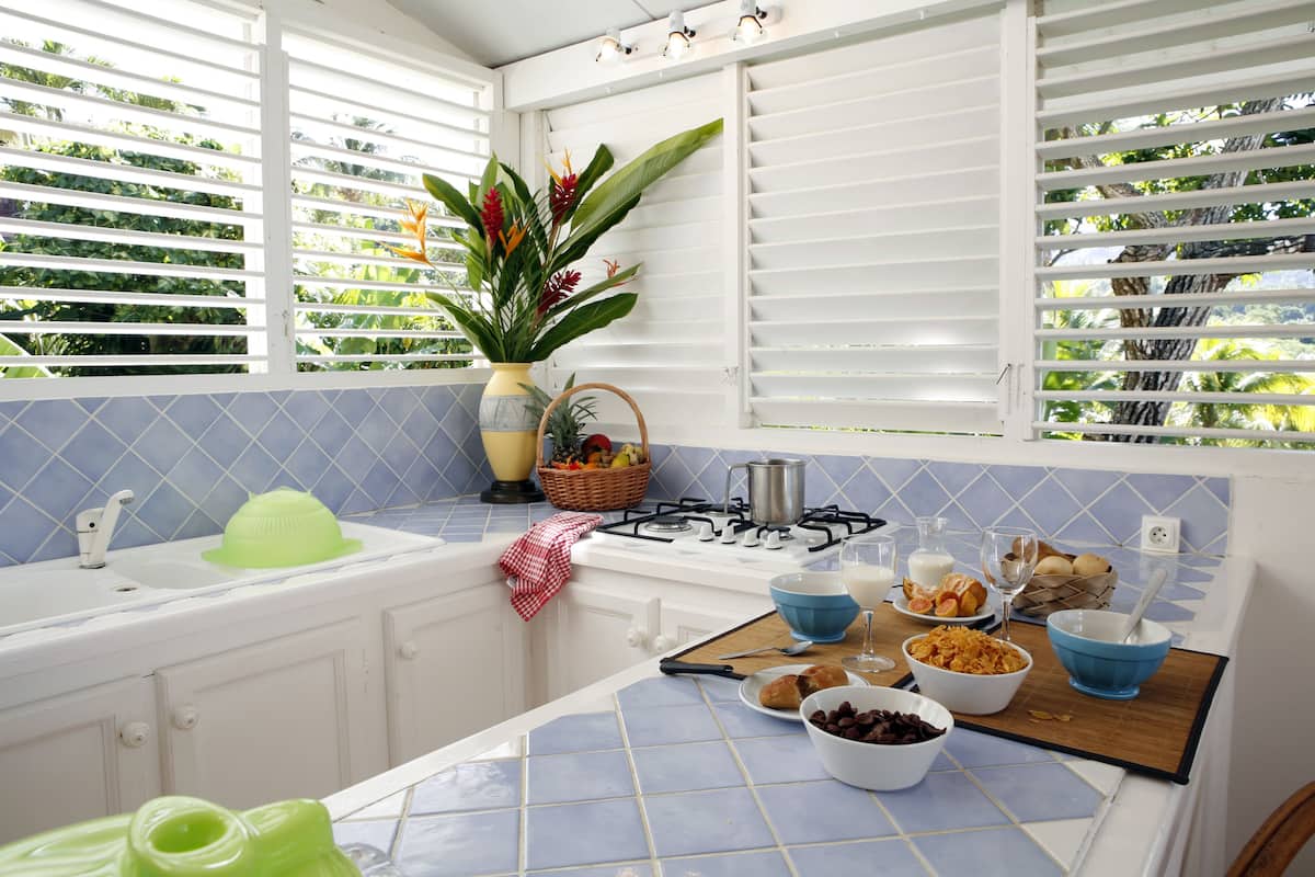 comfort apartment, 2 bedrooms, kitchen, garden view (60 m2) | private kitchen | fridge, microwave, electric kettle, cleaning supplies