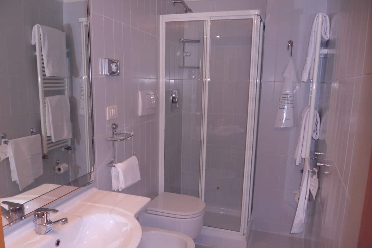 Shower, free toiletries, hair dryer, slippers