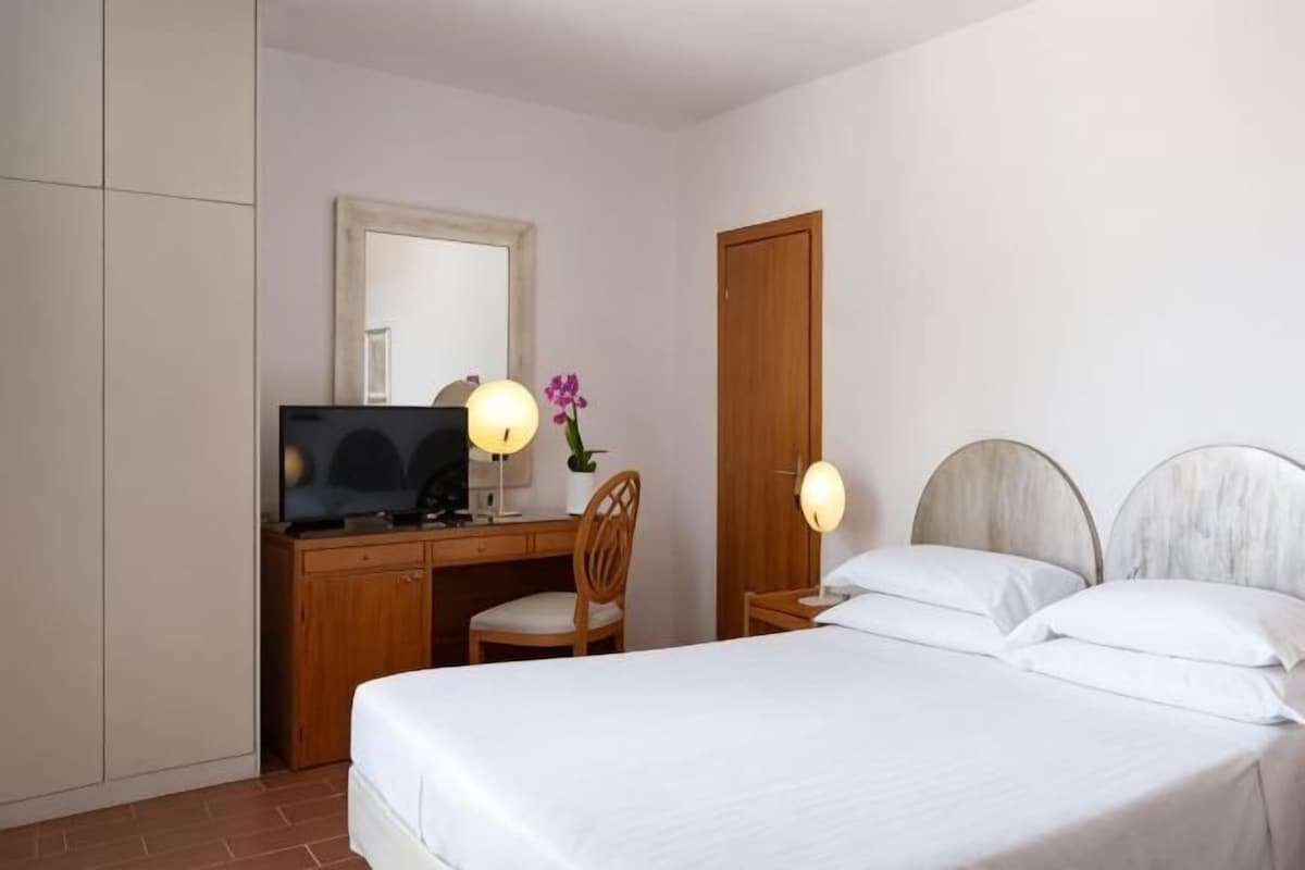 Une chambre à coucher avec un lit, un bureau, une chaise, une télévision et une porte.