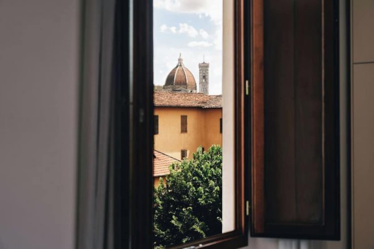 Una ventana con vista a un edificio que tiene una cúpula y una torre, un árbol y un marco de puerta.