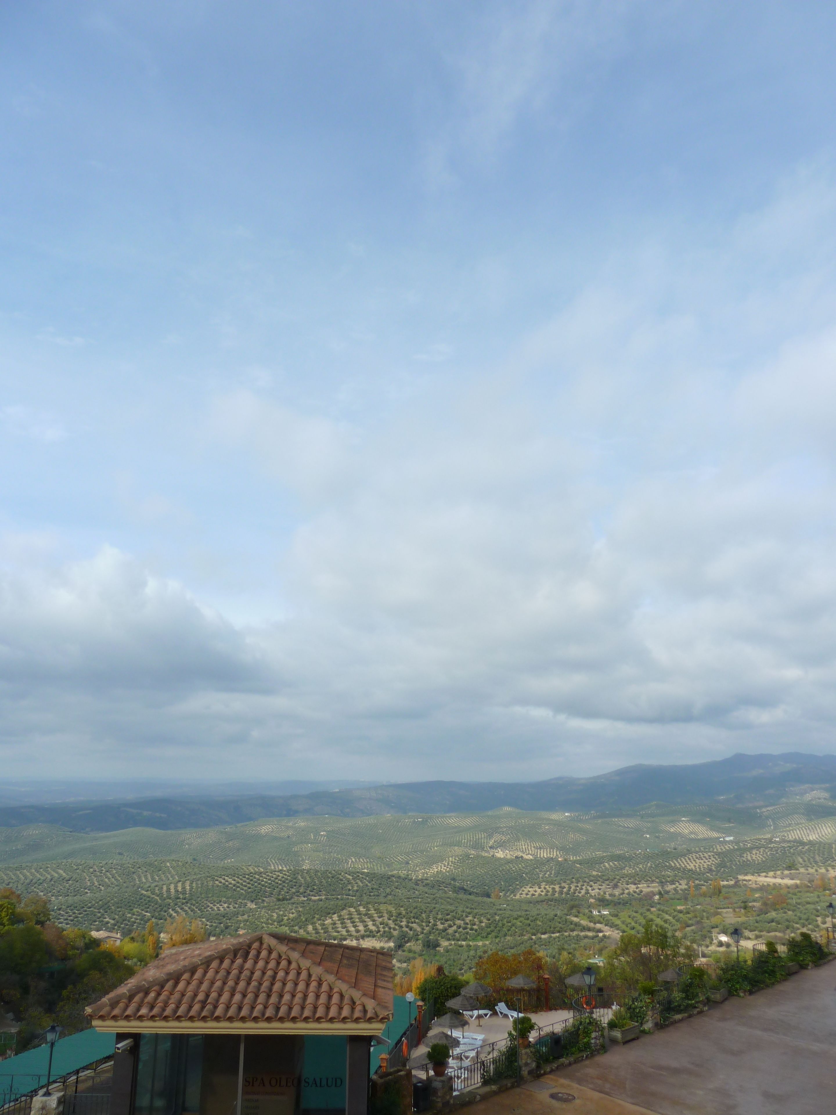 A view of a rural landscape with terraced fields and a building with a tiled roof in the foreground.