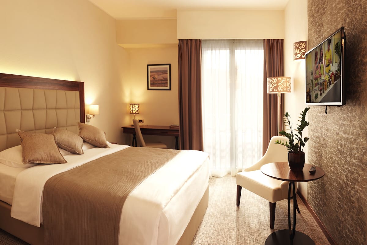 A hotel room with a large bed, a desk, a chair, a TV, and a potted plant.