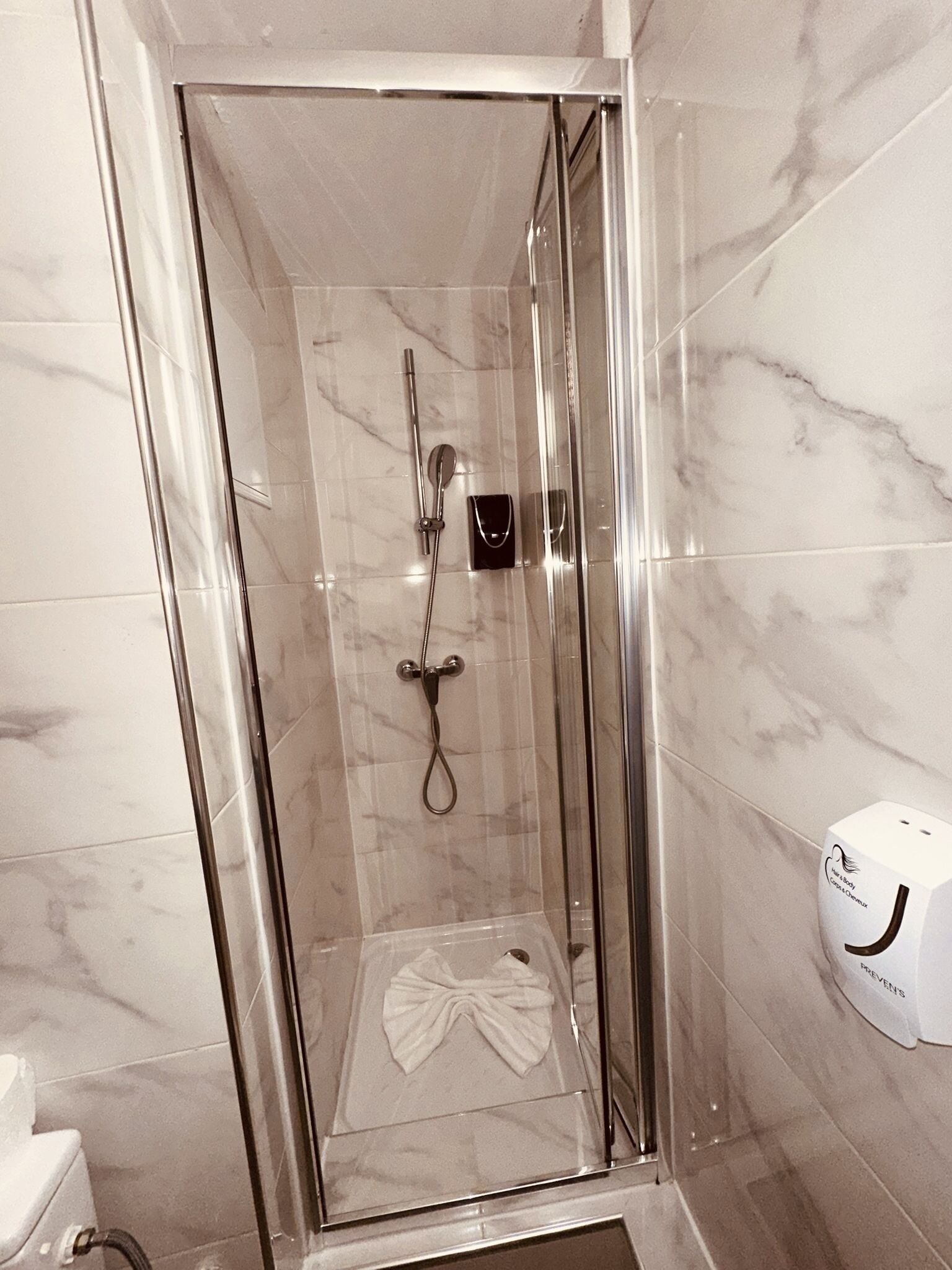 Une douche fermée par des parois en verre, dotée d’un pommeau de douche à main et d’une brosse à main.