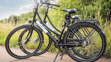 Een zwarte fiets met een mandje vooraan en bagagedrager achter, geparkeerd op een verhard pad met groen op de achtergrond.