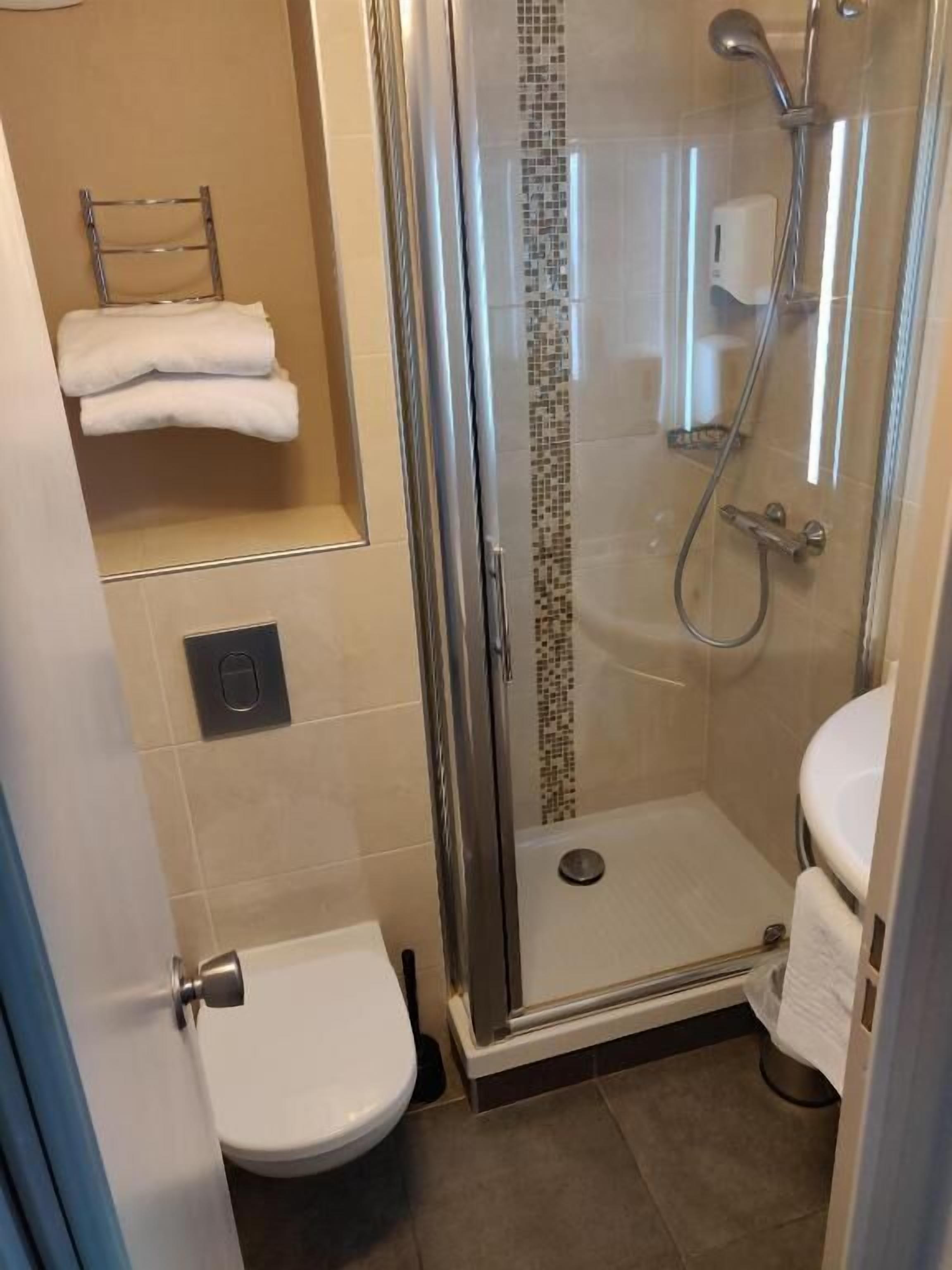 A modern bathroom with a glass-enclosed shower, a toilet, and a towel rack.