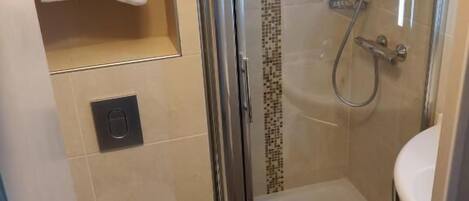 A modern bathroom with a glass-enclosed shower, a toilet, and a towel rack.
