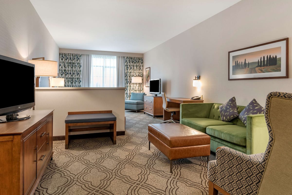 A hotel room with a television, a green sofa, a wooden bench, a desk with a computer, and a patterned carpet.