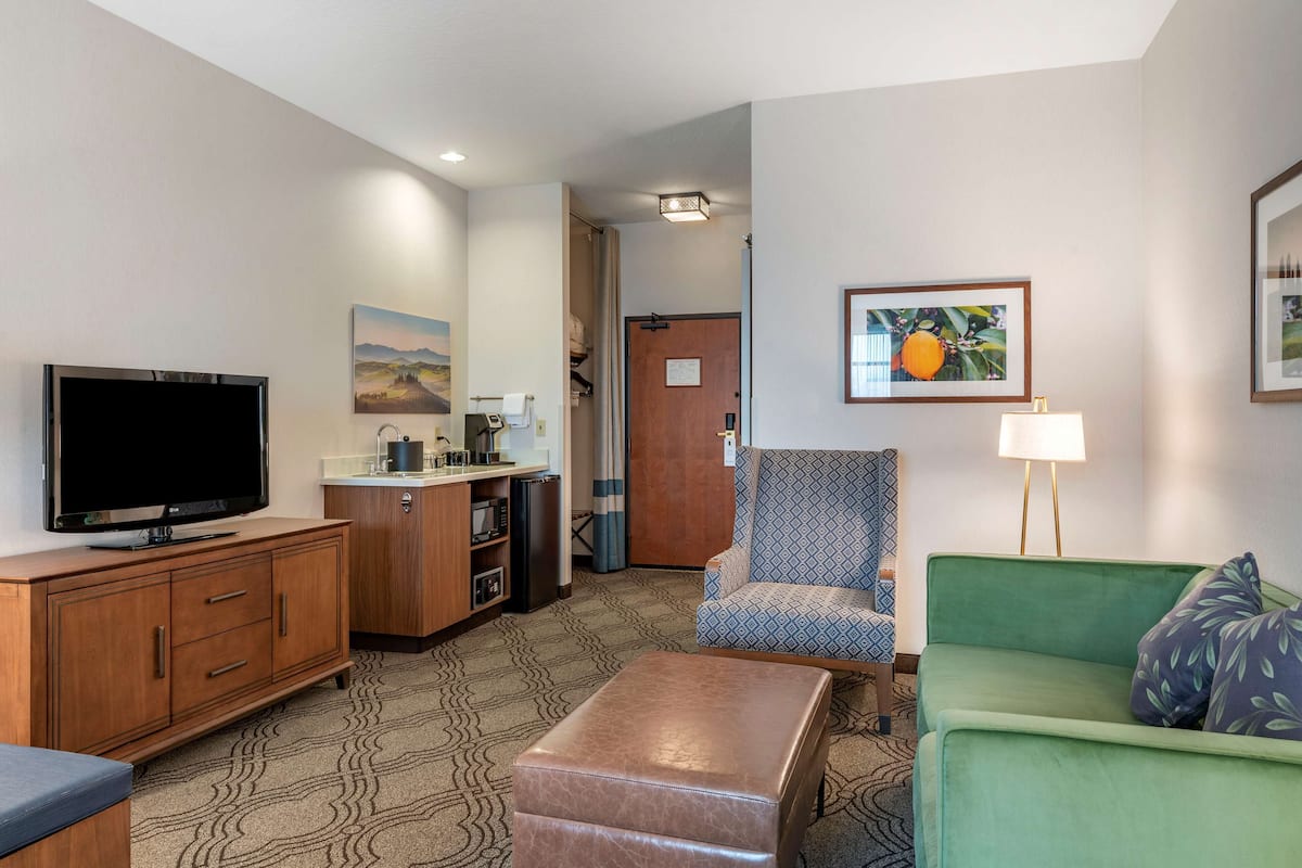 A hotel room with a television, kitchenette, green sofa, patterned carpet, and artwork on the walls.