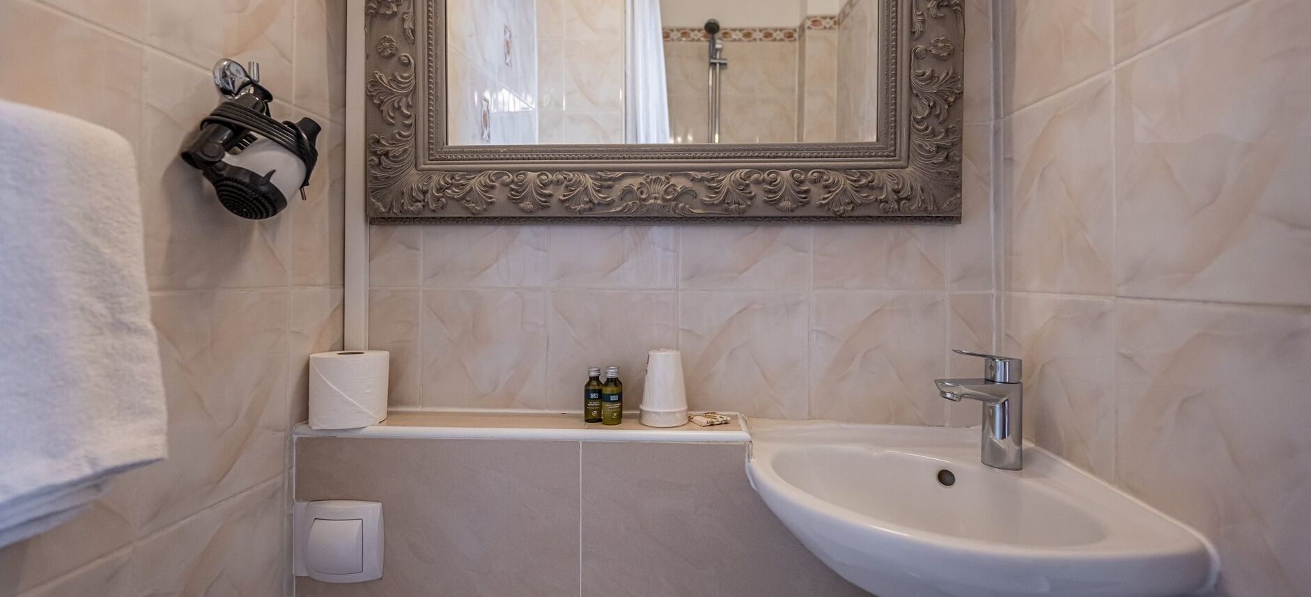 double room | bathroom | shower, hair dryer, towels, soap