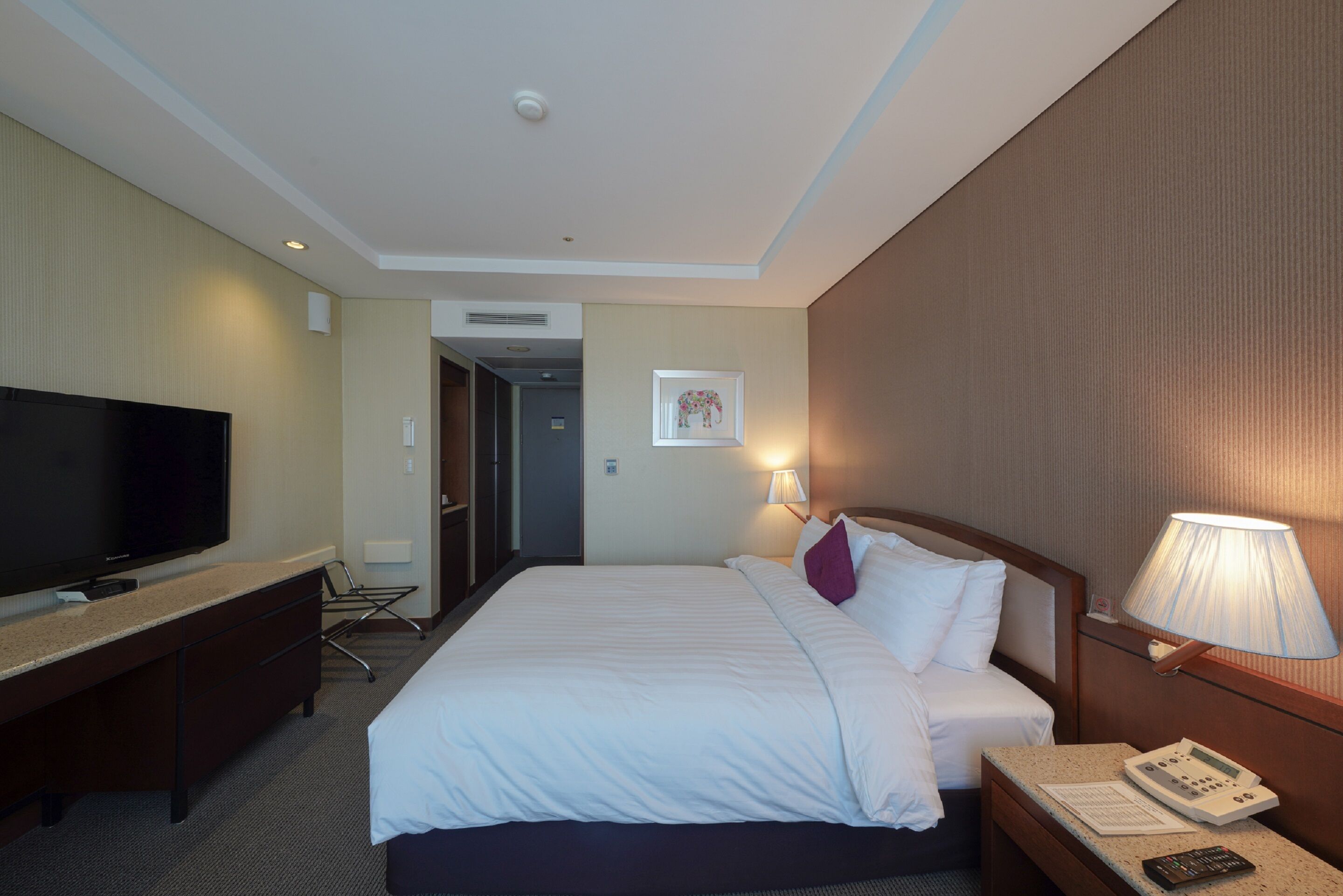 A hotel room with a large bed, a TV on a desk, a lamp, and a phone on the bedside table.