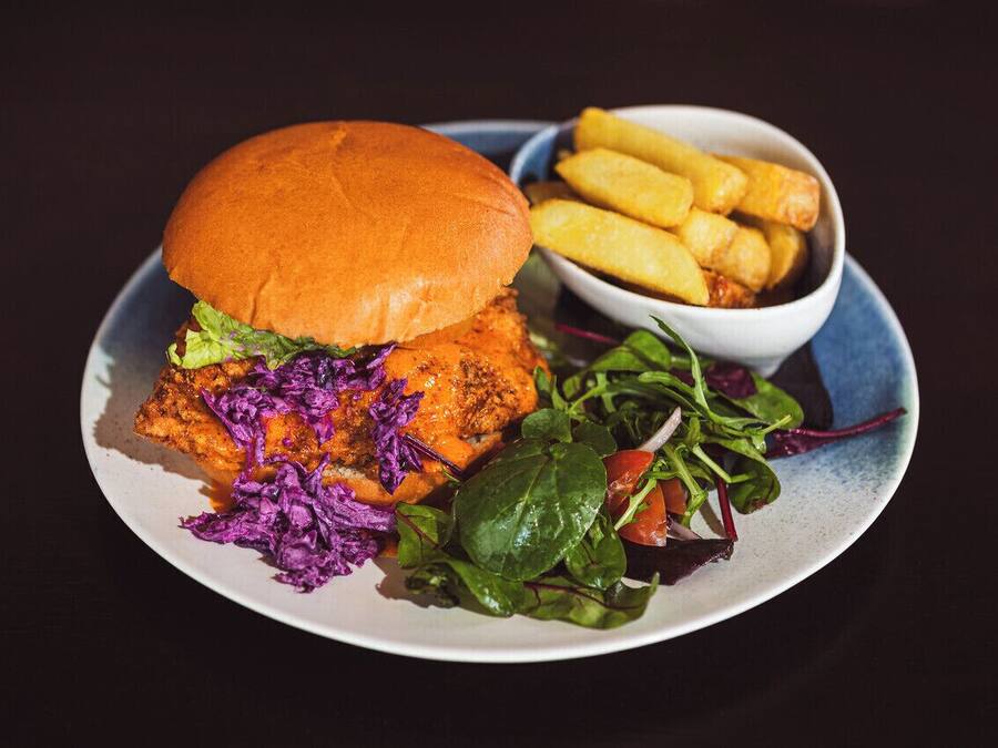 Um prato com um sanduíche de peixe, batatas fritas e uma salada.