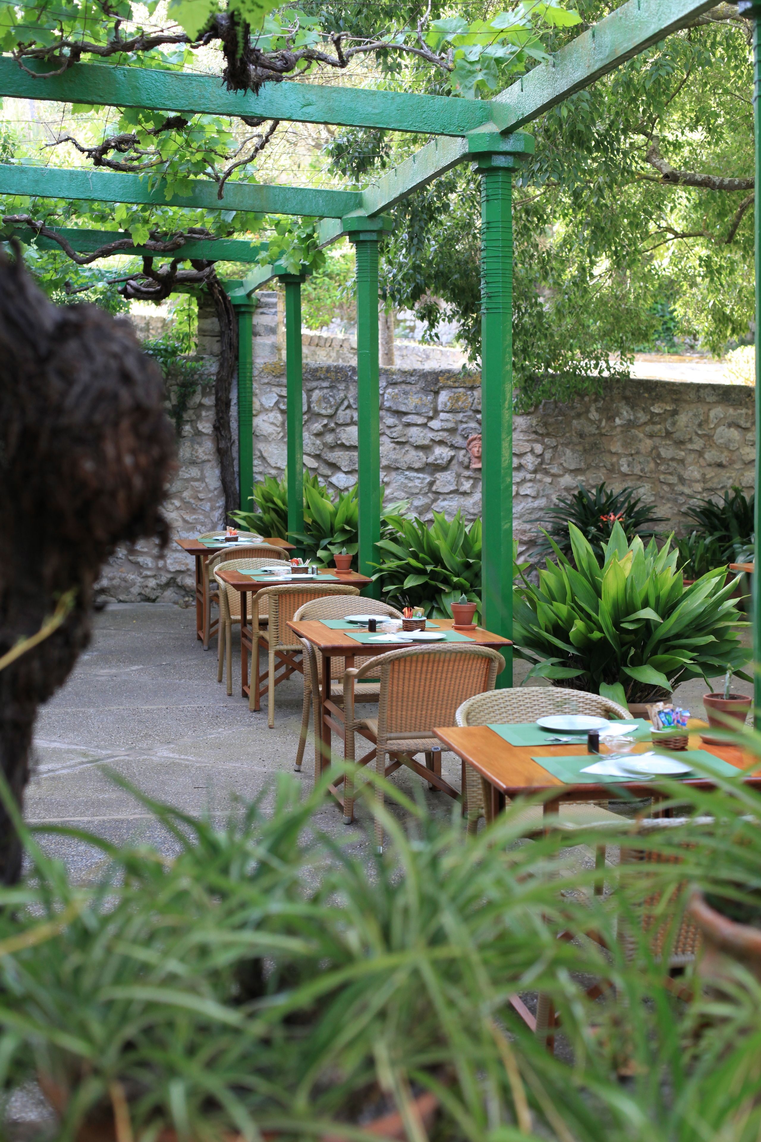 Un patio al aire libre con mobiliario de mimbre y plantas en macetas.