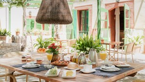 A wooden table set with breakfast items, surrounded by wicker chairs, in a sunny outdoor setting with potted plants and a building in the background. - Agroturismo sa Rota den Palerm (Lloret de Vistalegre)