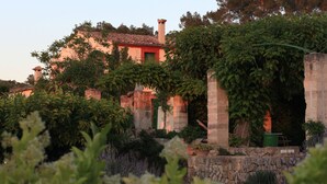 A rustic building with stone walls and a tiled roof, surrounded by lush greenery and vines. - Agroturismo sa Rota den Palerm (Lloret de Vistalegre)