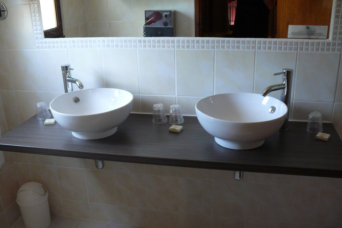 free toiletries, hair dryer, towels