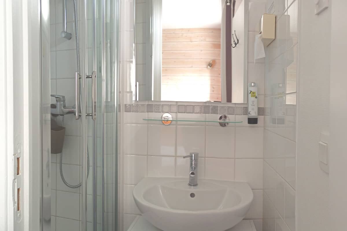 chambre double economique (1er etage sans ascenseur) | bathroom | eco-friendly toiletries, hair dryer, towels, soap
