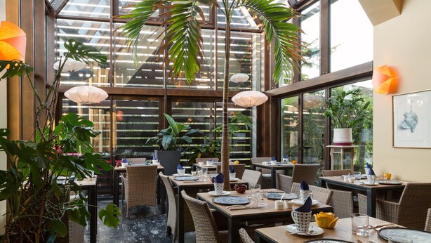 Un restaurant doté d’une salle à manger, de grandes fenêtres et de plantes en pot.