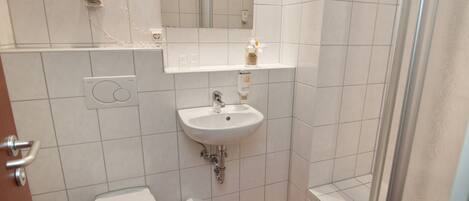 A bathroom with a toilet, sink, and shower.
