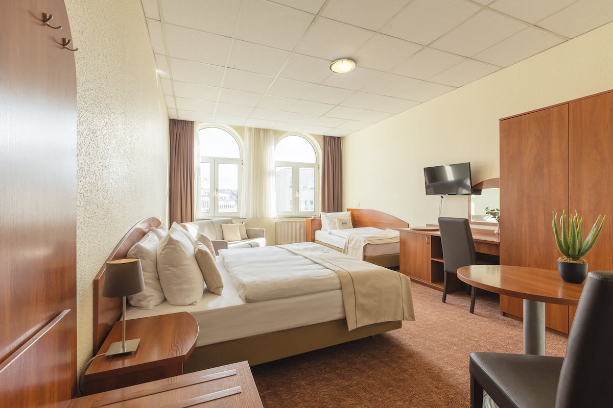 Une chambre d’hôtel avec un lit, un bureau, une chaise, une télévision et une plante en pot.