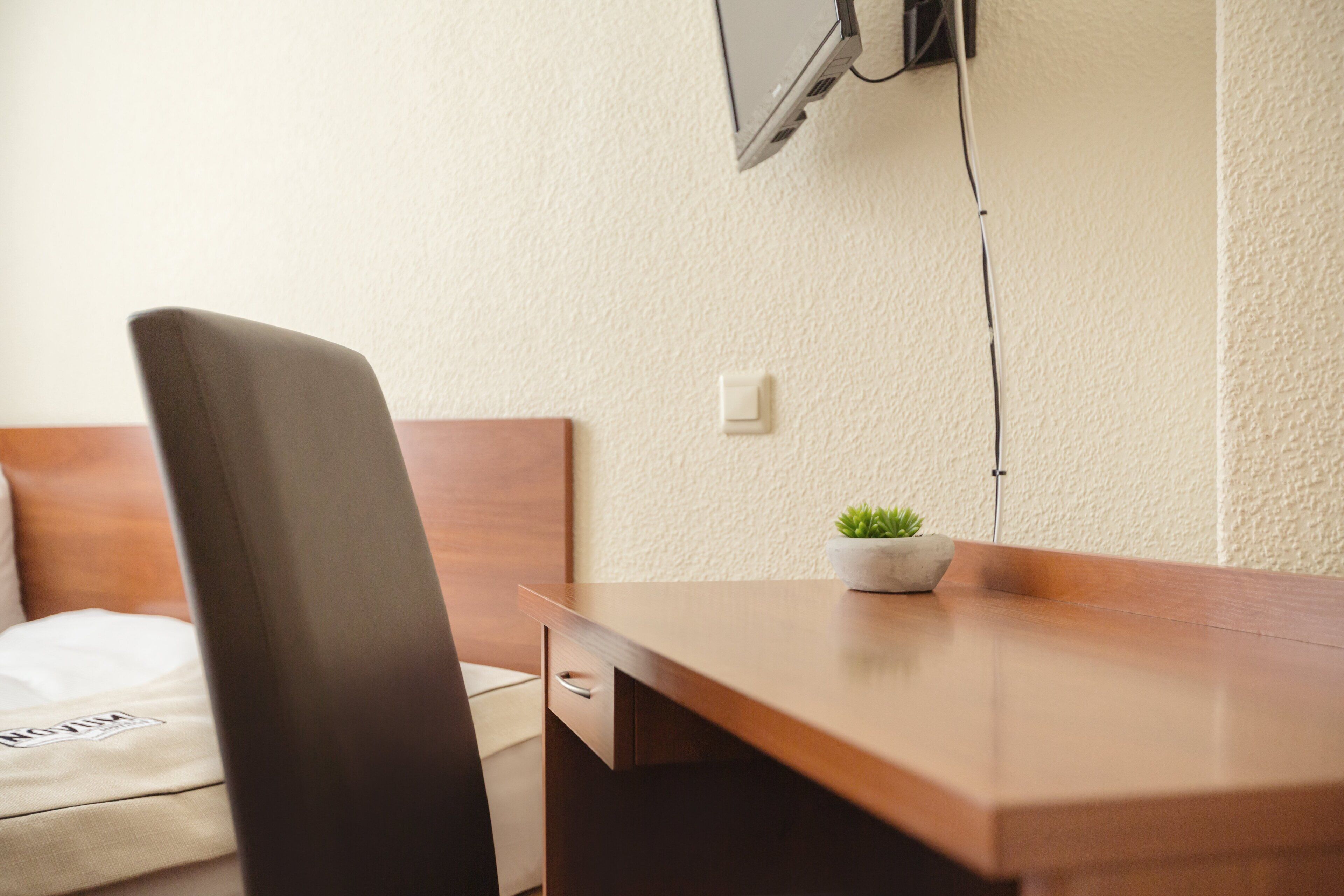 Habitación de hotel con un escritorio de madera, una silla, una cama con cabecera blanca, una pequeña planta en maceta y un televisor de pared.