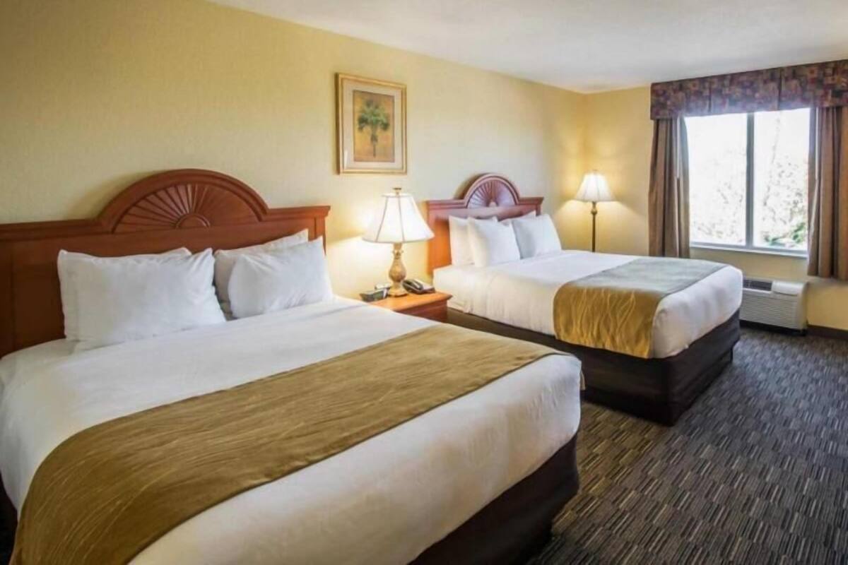 A hotel room with two beds, a nightstand with a lamp, a painting on the wall, and a window with curtains.