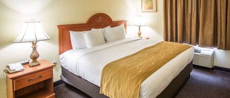 A hotel room with a large bed, two bedside tables with lamps, a heater, and a window with curtains.