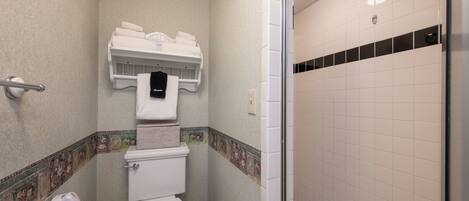 A bathroom with a toilet, a paper towel dispenser, and a trash can.