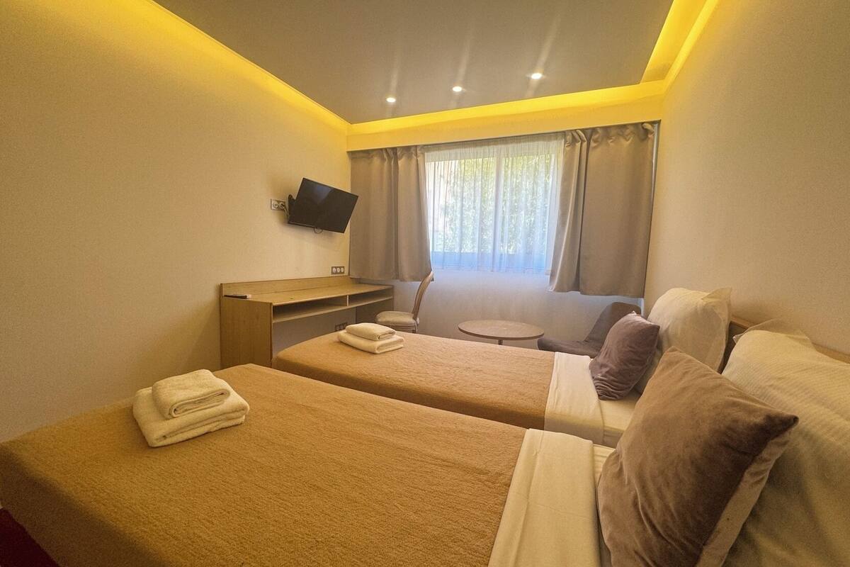 Desk, soundproofing, iron/ironing board (on request), WiFi (free)
