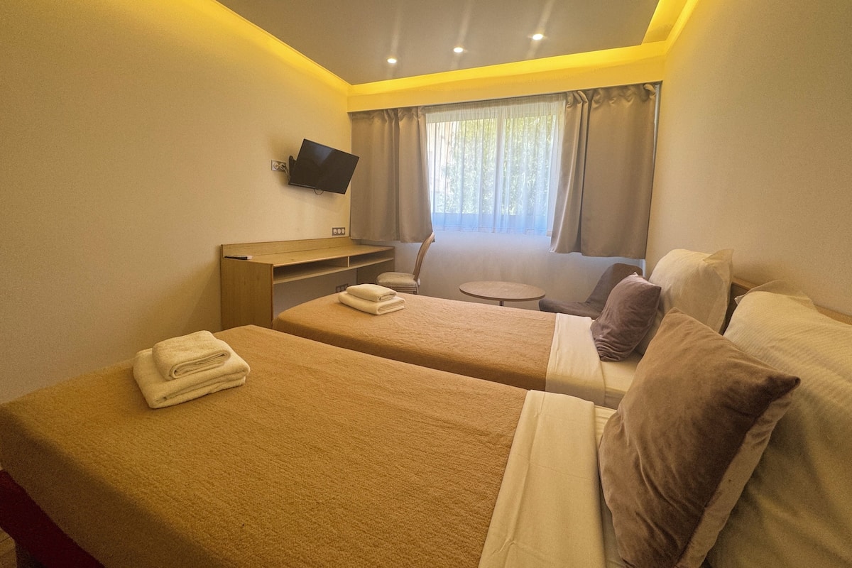 Habitación clásica con 2 camas individuales | Escritorio, insonorización, tabla de planchar con plancha y wifi gratis