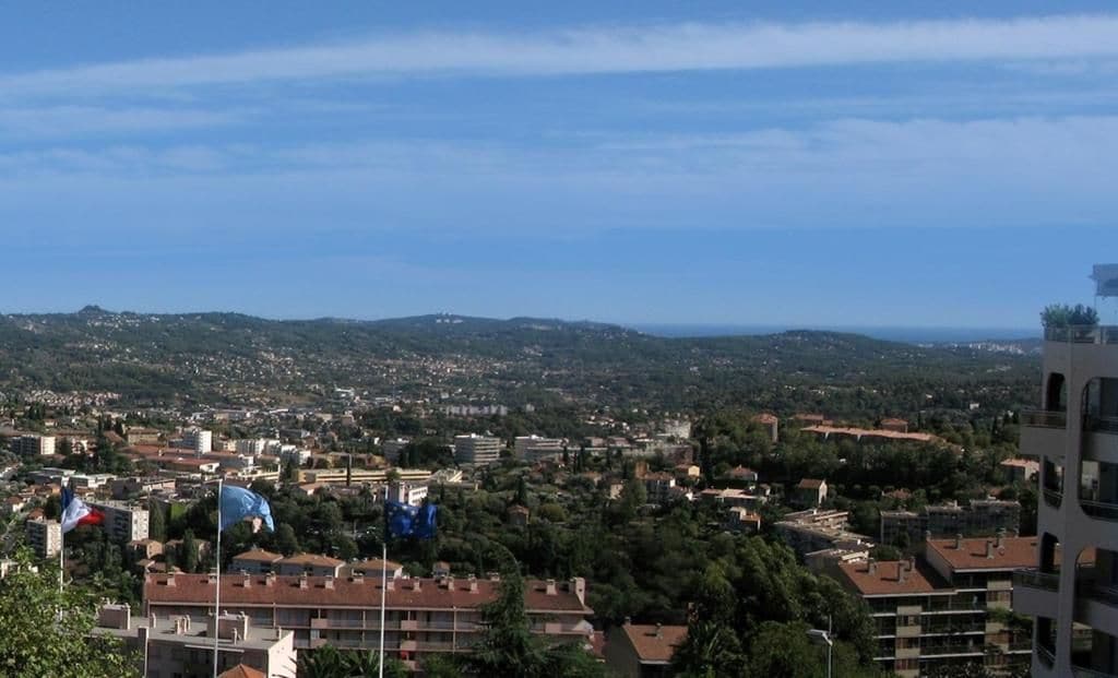 A cityscape with buildings, trees, and a clear sky.