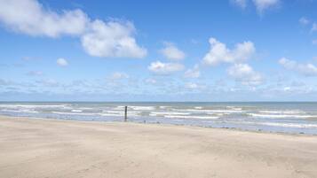 A beach with a clear sky and waves.