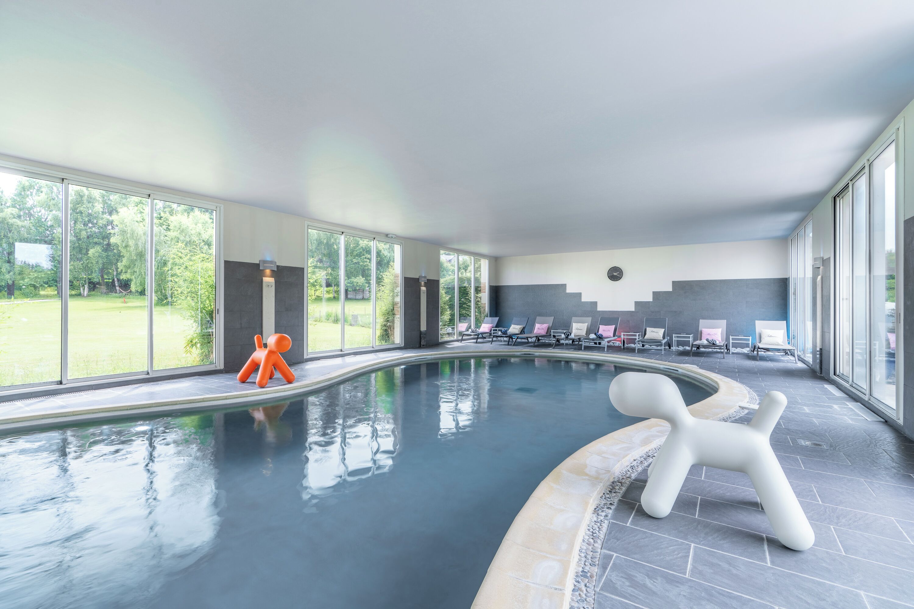 Indoor pool, open 9:00 AM to 9:00 PM, sun loungers