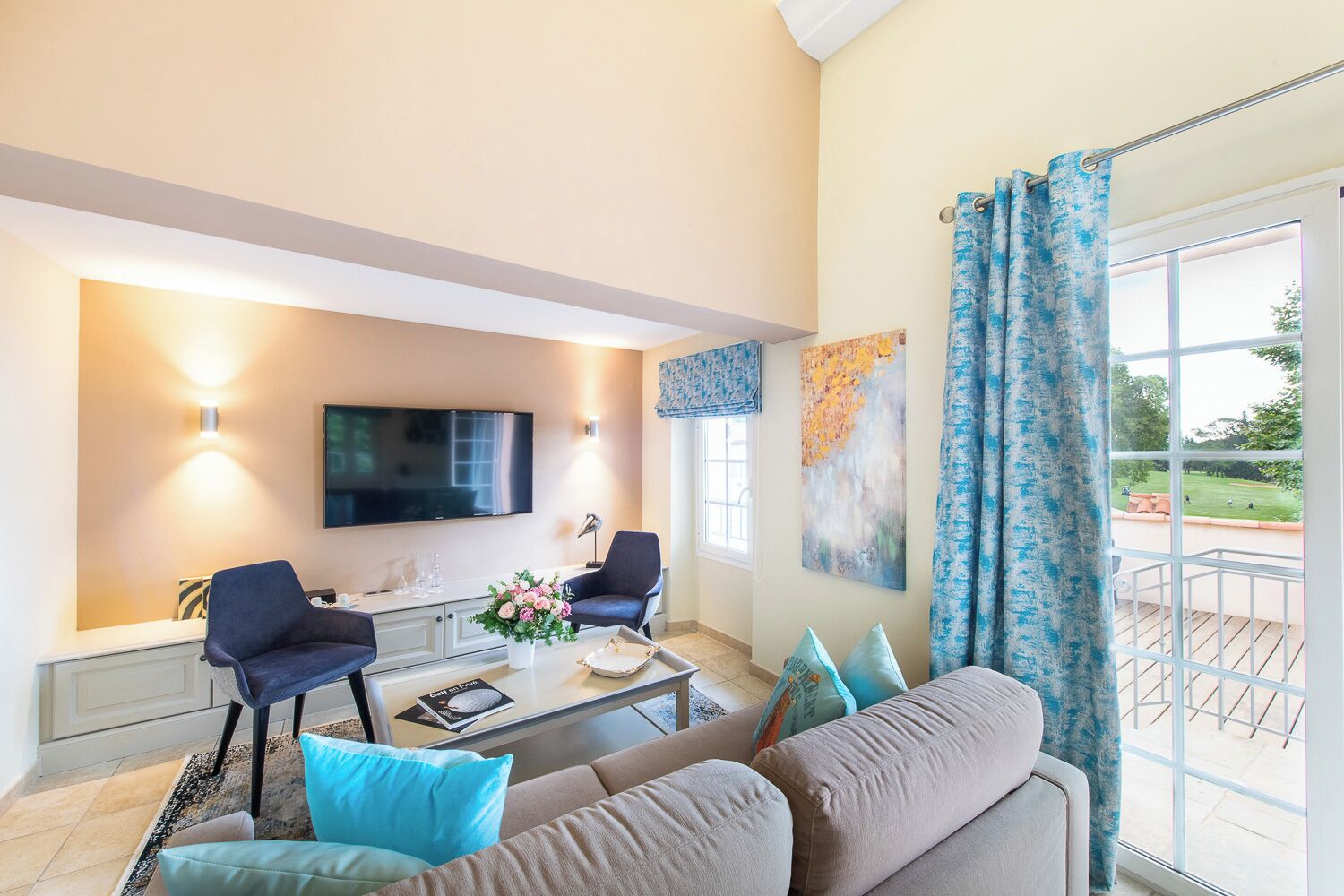 suite, terrace | living area | 50-inch flat-screen tv with satellite channels, tv