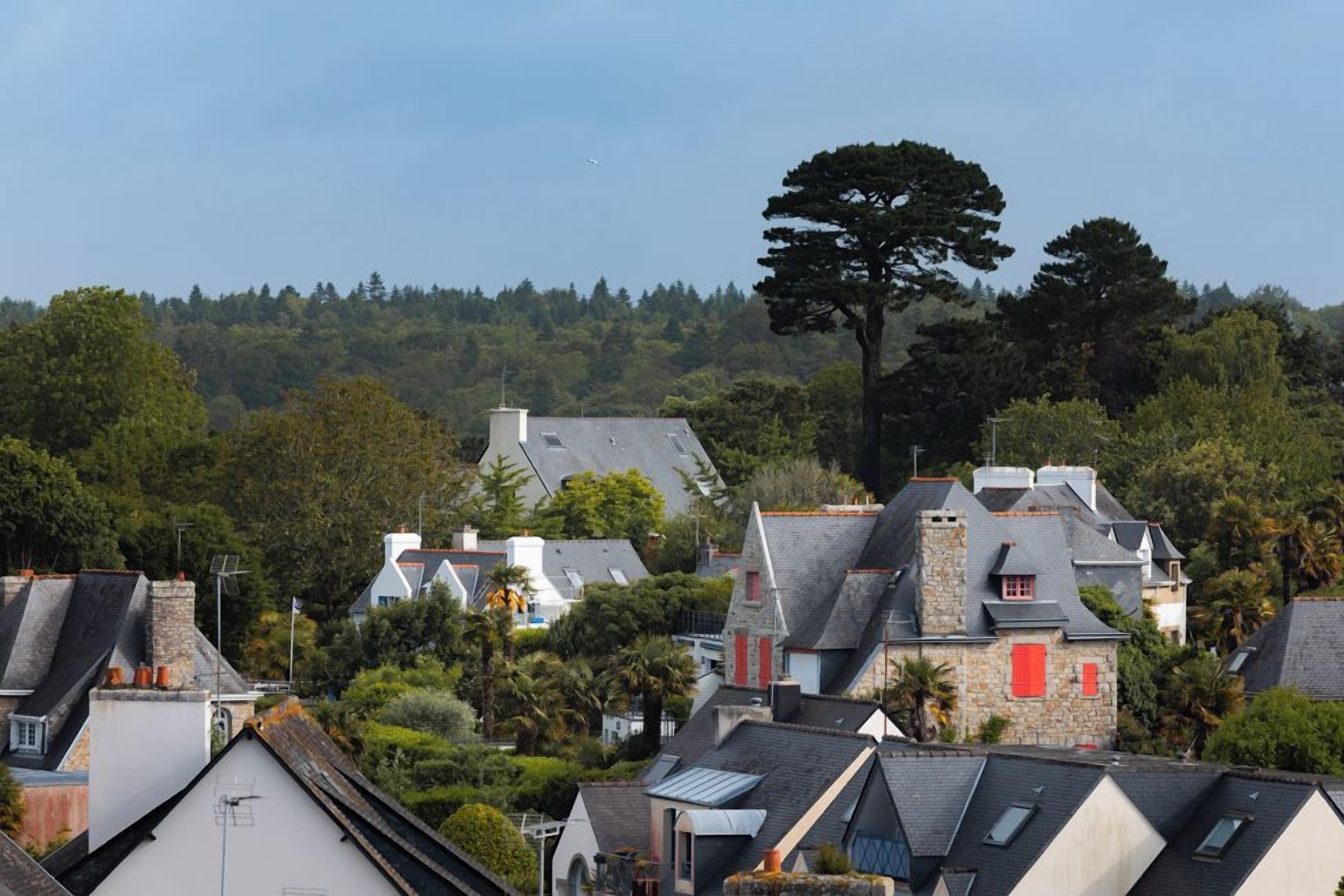 A residential area with houses featuring pitched roofs and stone facades.