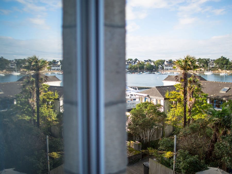 A coastal view with a marina, residential buildings, and palm trees.