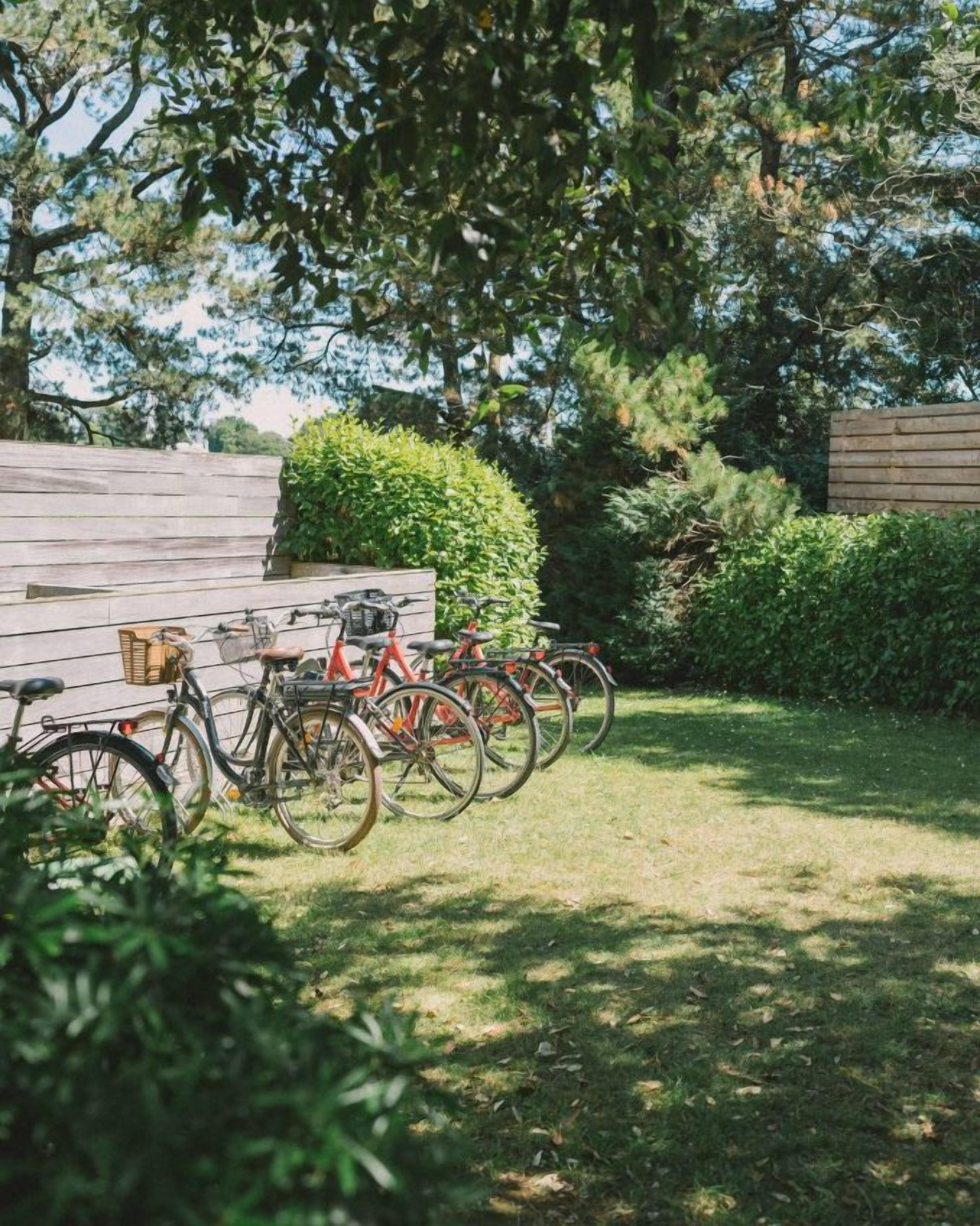 A wooden deck with bicycles parked, surrounded by greenery and a wooden fence.
