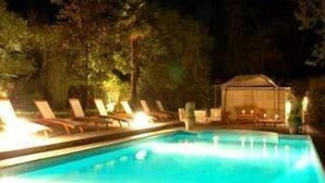 Outdoor pool, pool umbrellas, pool loungers