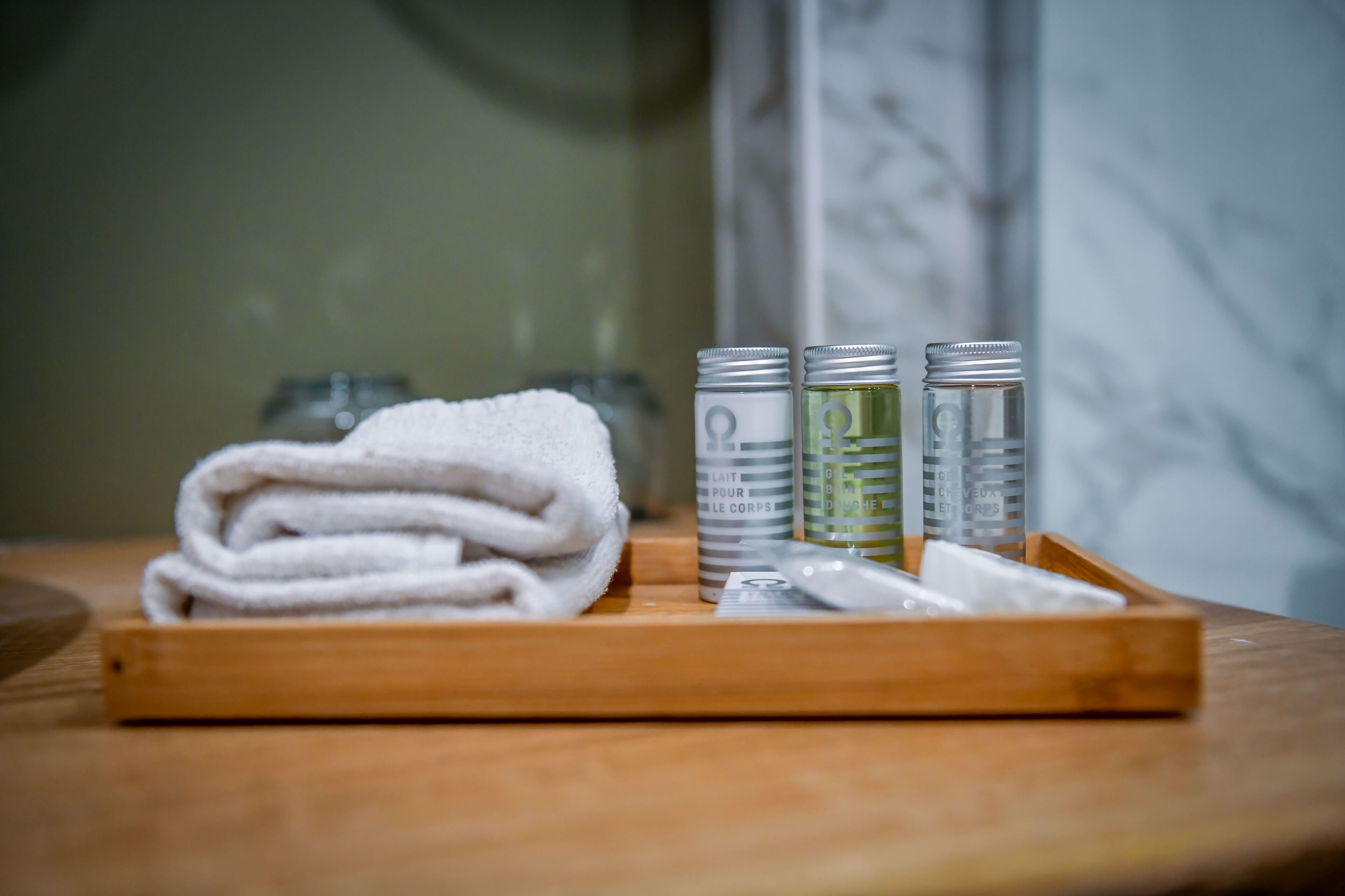 free toiletries, hair dryer, slippers, towels