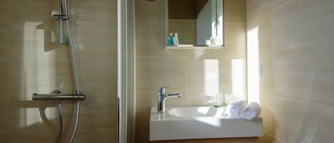 A modern bathroom with a shower, sink, and mirror.