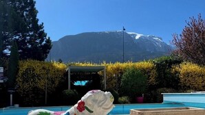 Una estatua decorativa de perro de cerámica con patrones florales coloridos, una piscina y una montaña al fondo.