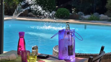 Outdoor pool, pool umbrellas, pool loungers
